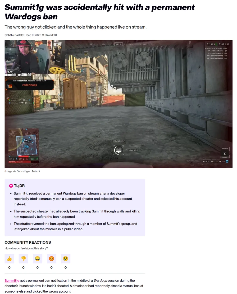 Screenshot of spilled.gg: Summit1g Receives Permanent Ban Mid-Stream