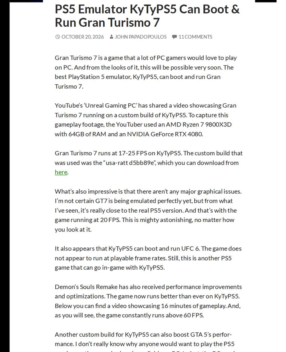 Screenshot of dsogaming.com: DSOGaming reported KytyPS5 can run Gran Turismo 7 on PC