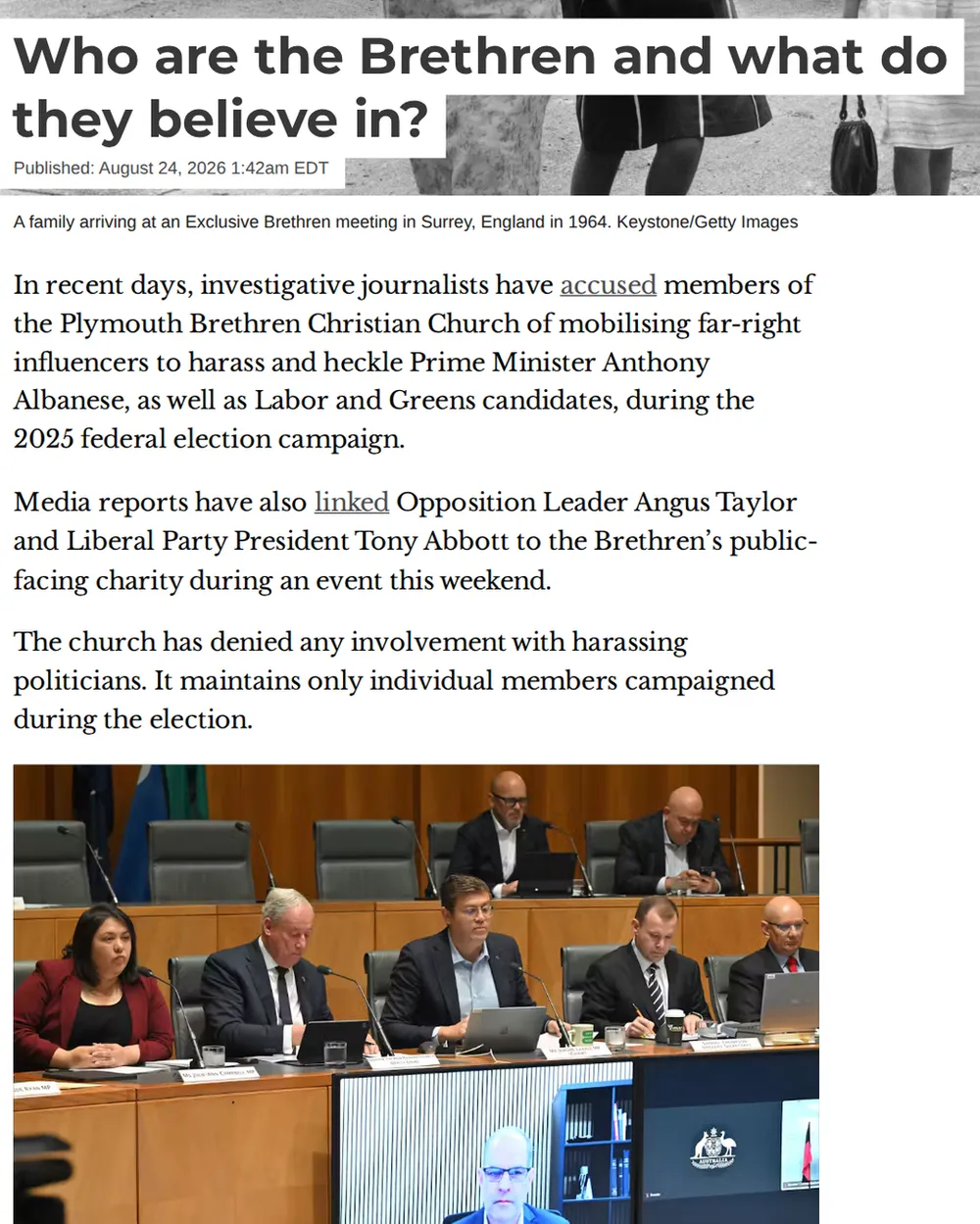 Screenshot of theconversation.com: Church Charity Event Linked to Political Leaders