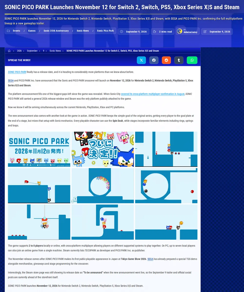 Screenshot of sonic-city.net: Tokyo Game Show 2026 Demo Announcement