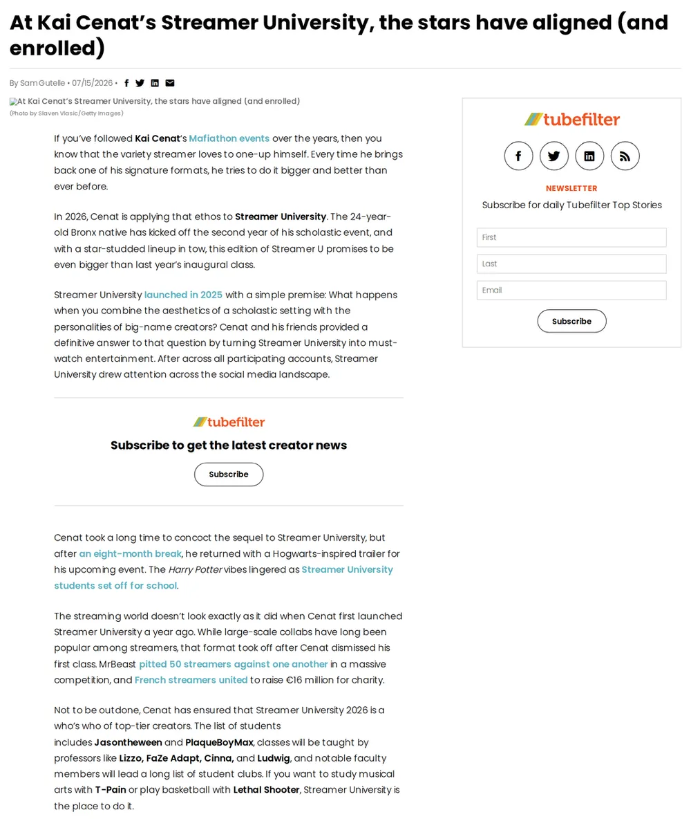 Screenshot of tubefilter.com: Streamer University Launches