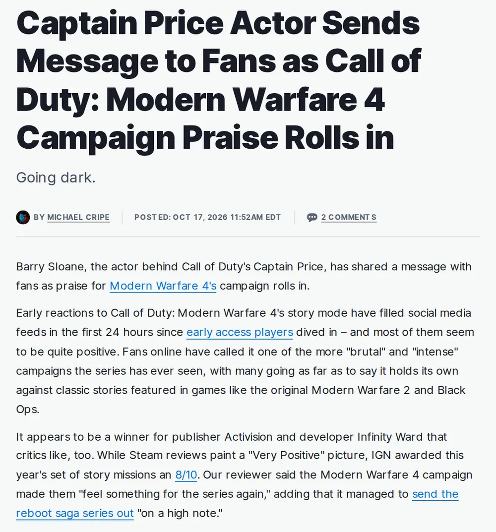 Screenshot of ign.com: Early access launch of MW4 campaign