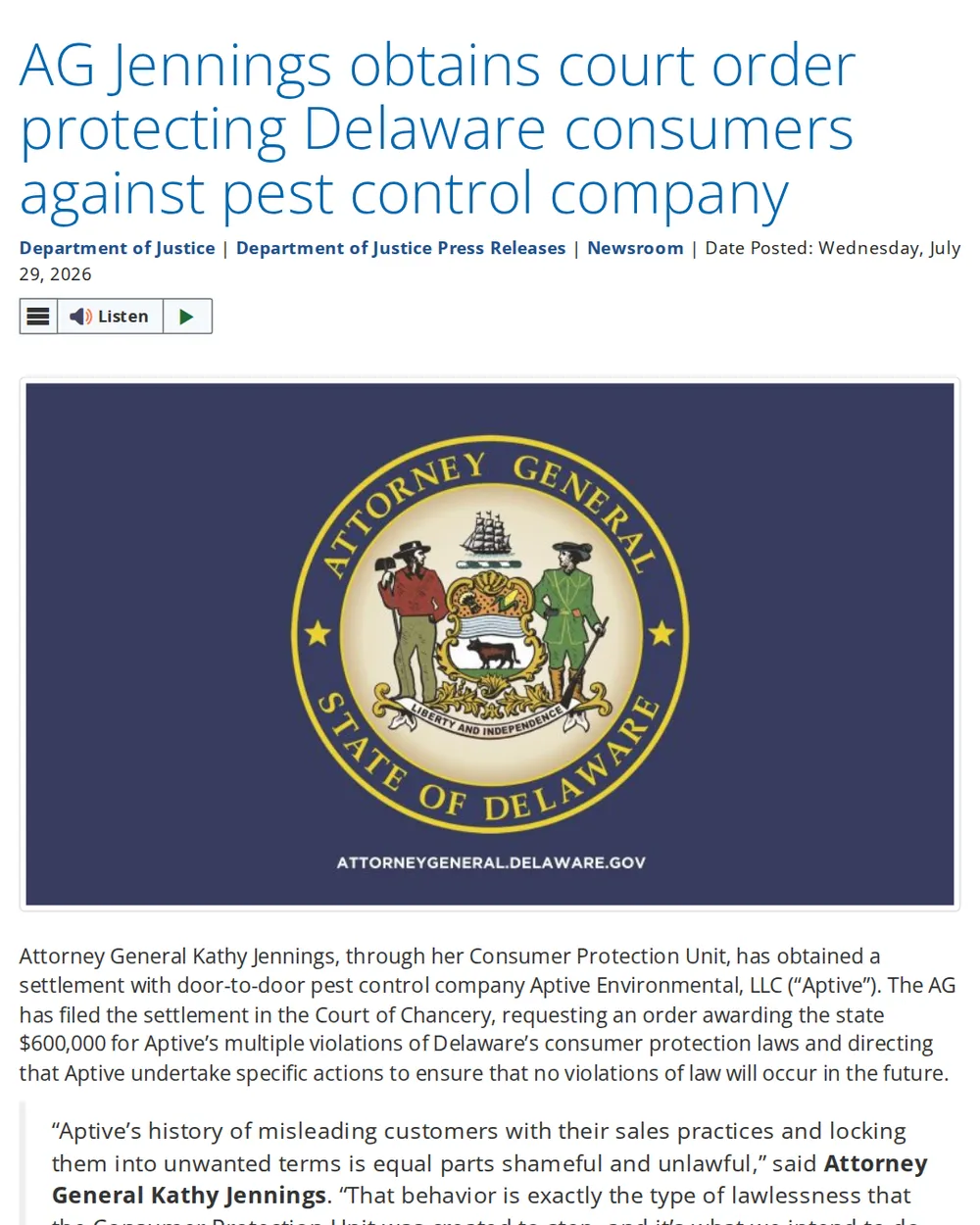 Screenshot of news.delaware.gov: AG Jennings Obtains Settlement with Aptive Environmental