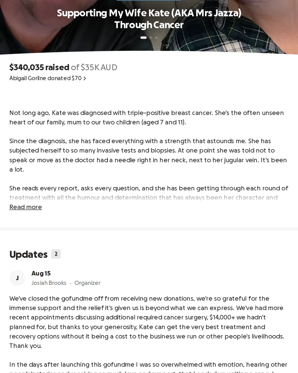 Screenshot of gofundme.com: Commitment to Donate Excess Funds to Cancer Research