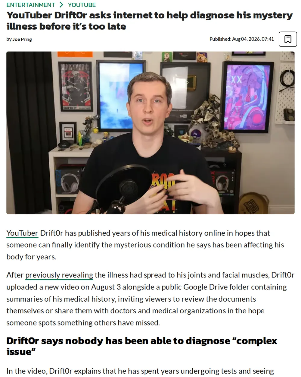Screenshot of dexerto.com: Drift0r Shares Medical History Online