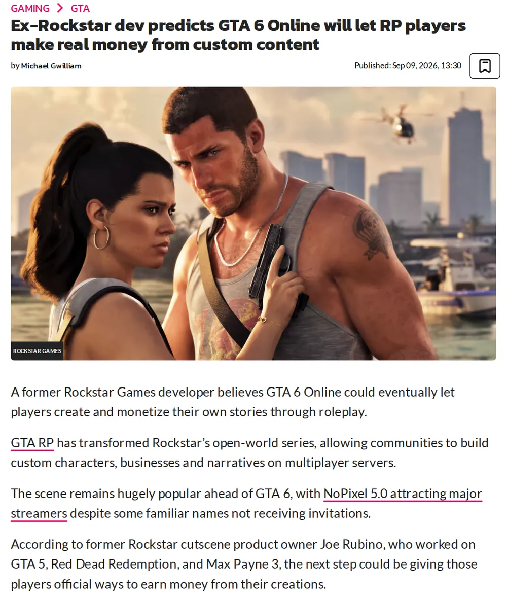 Screenshot of dexerto.com: Joe Rubino Predicts RP Monetization in GTA 6