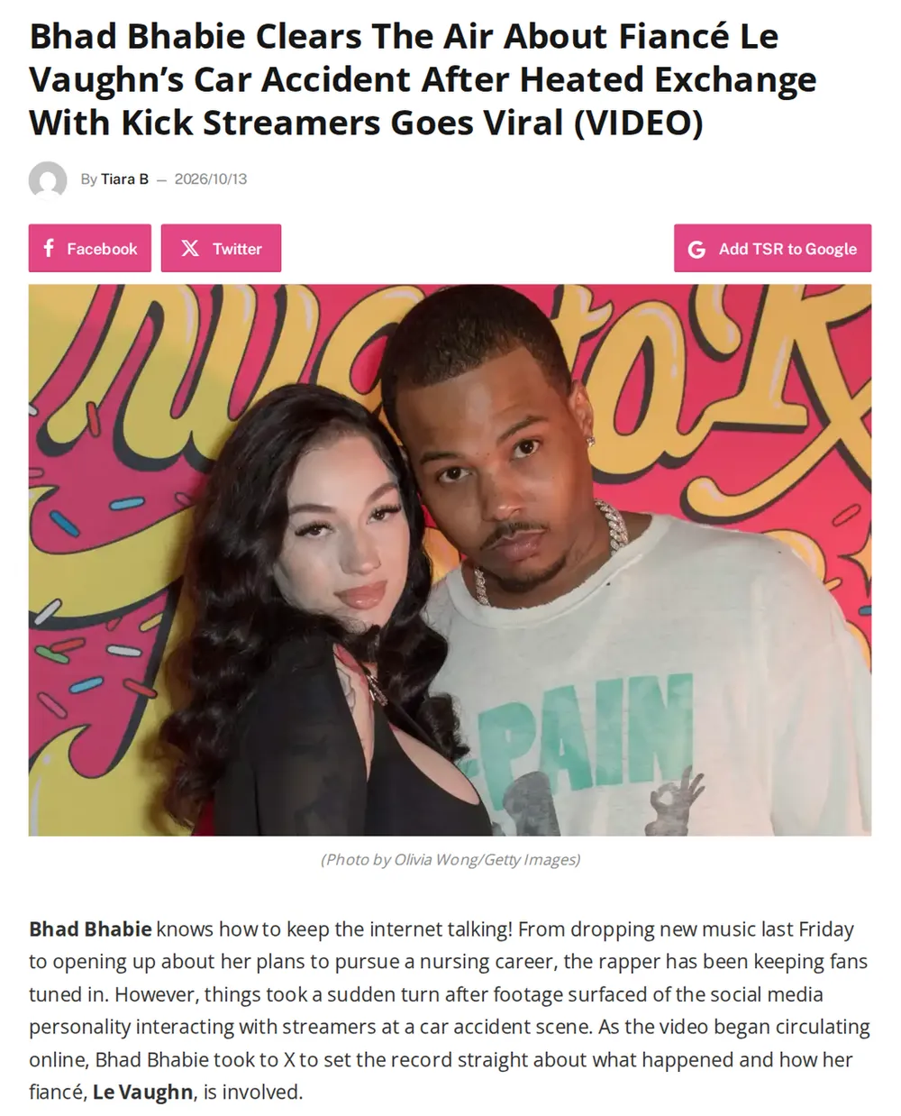 Screenshot of theshaderoom.com: Footage surfaces of Bhad Bhabie at accident scene, sparking heated exchange with Kick streamers