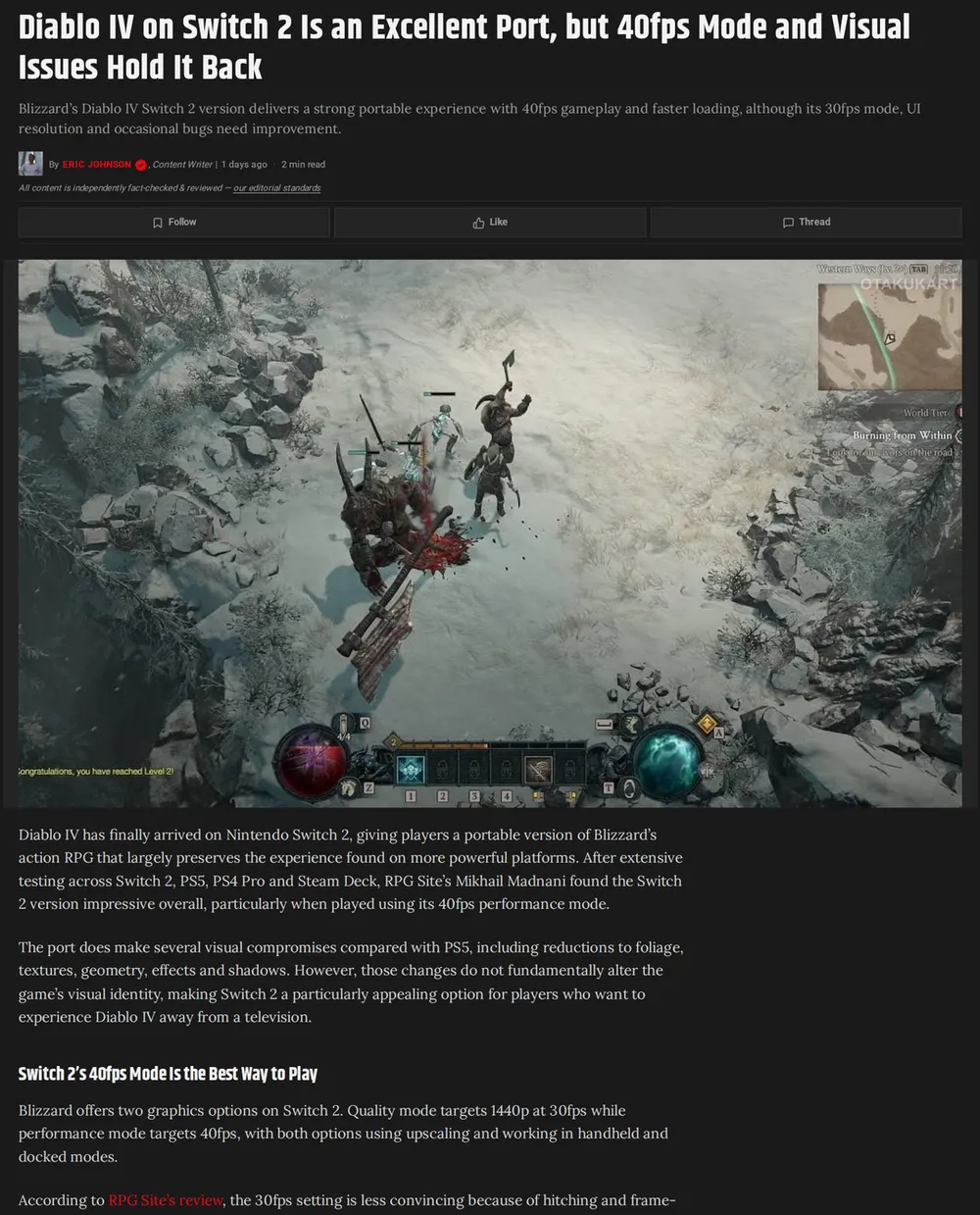 Screenshot of otakukart.com: Diablo IV Switch 2 Port Receives Praise for 40fps Mode