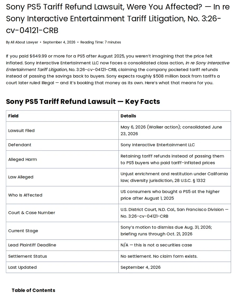 Screenshot of allaboutlawyer.com: Sony Tariff Litigation Consolidated