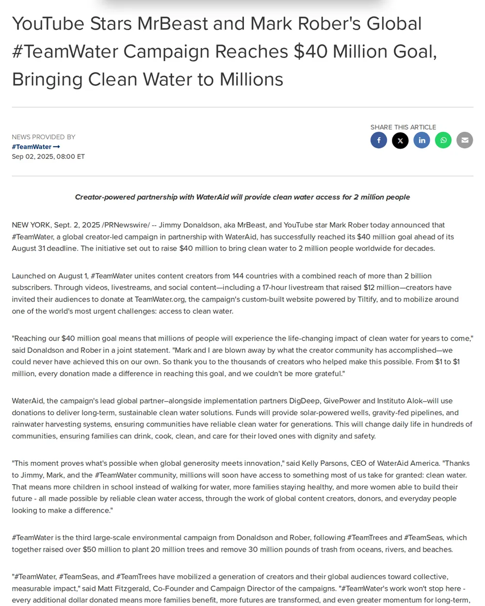 Screenshot of prnewswire.com: Goal achievement announced
