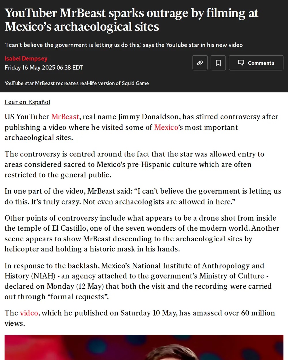 Screenshot of independent.co.uk: MrBeast Publishes Mexico Archaeological Sites Video