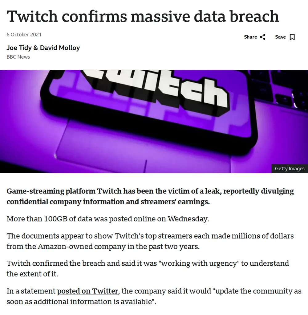 Screenshot of bbc.com: Creators launch 'a day off Twitch' boycott