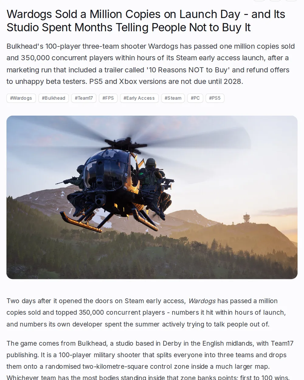 Screenshot of pixelsinorbit.com: Wardogs Crosses One Million Copies Sold in Early Access
