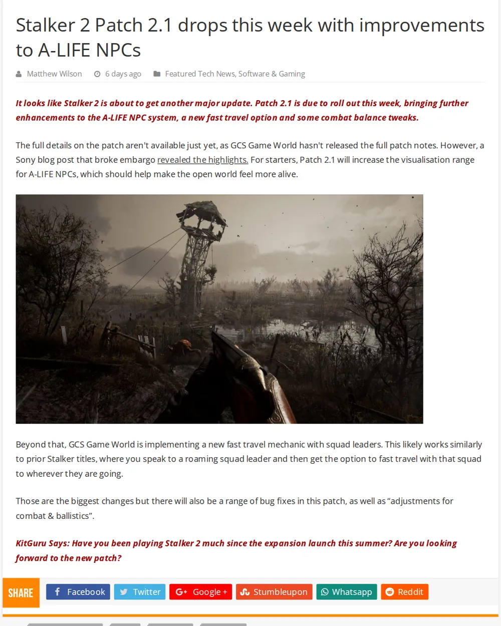 Screenshot of kitguru.net: KitGuru reported Patch 2.1 details via Sony blog