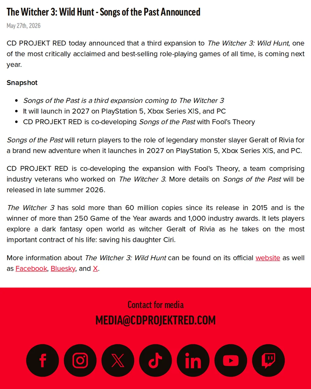 Screenshot of press.cdprojektred.com: CD Projekt RED Announces Third Witcher 3 Expansion