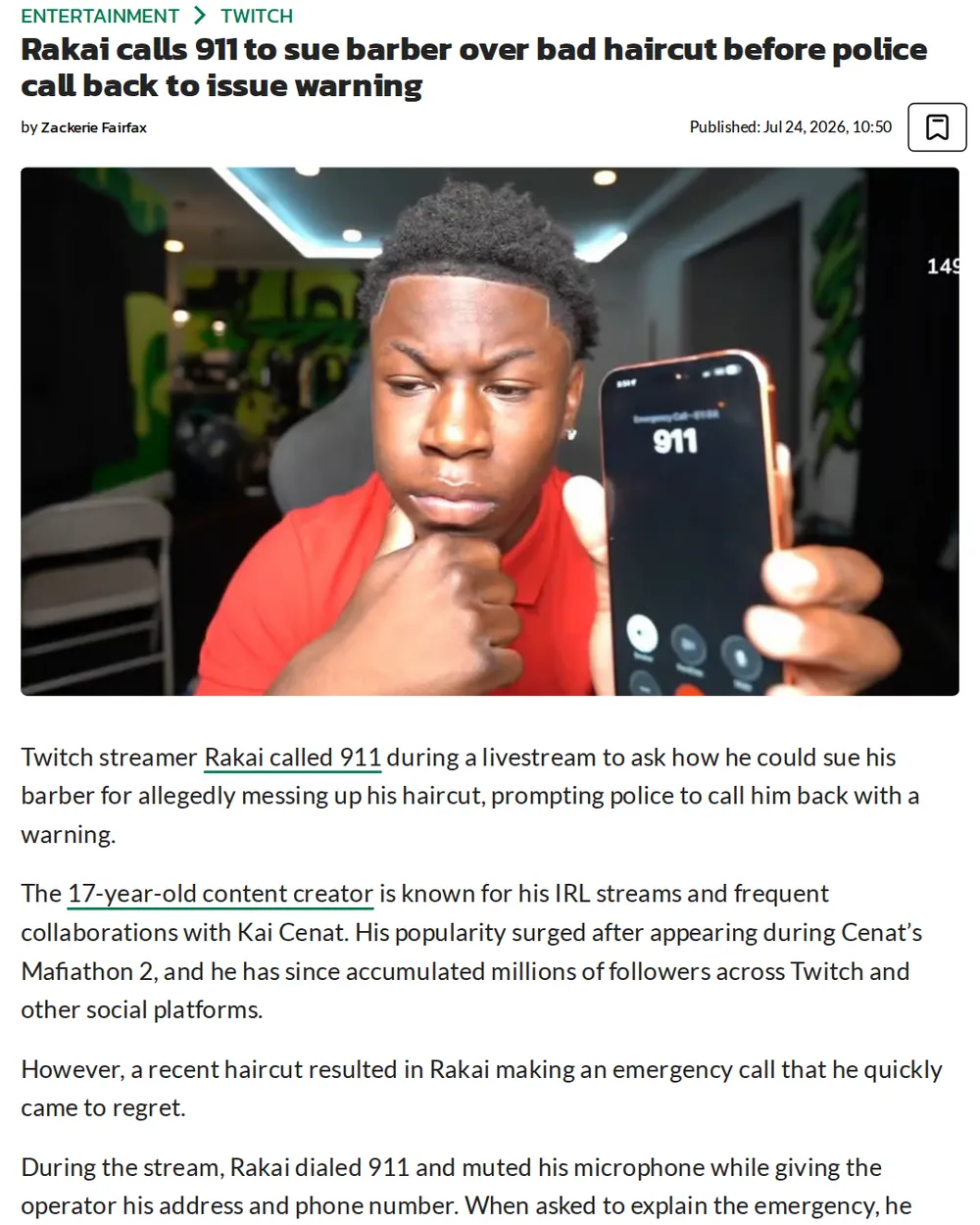 Screenshot of dexerto.com: Rakai Calls 911 Over Bad Haircut