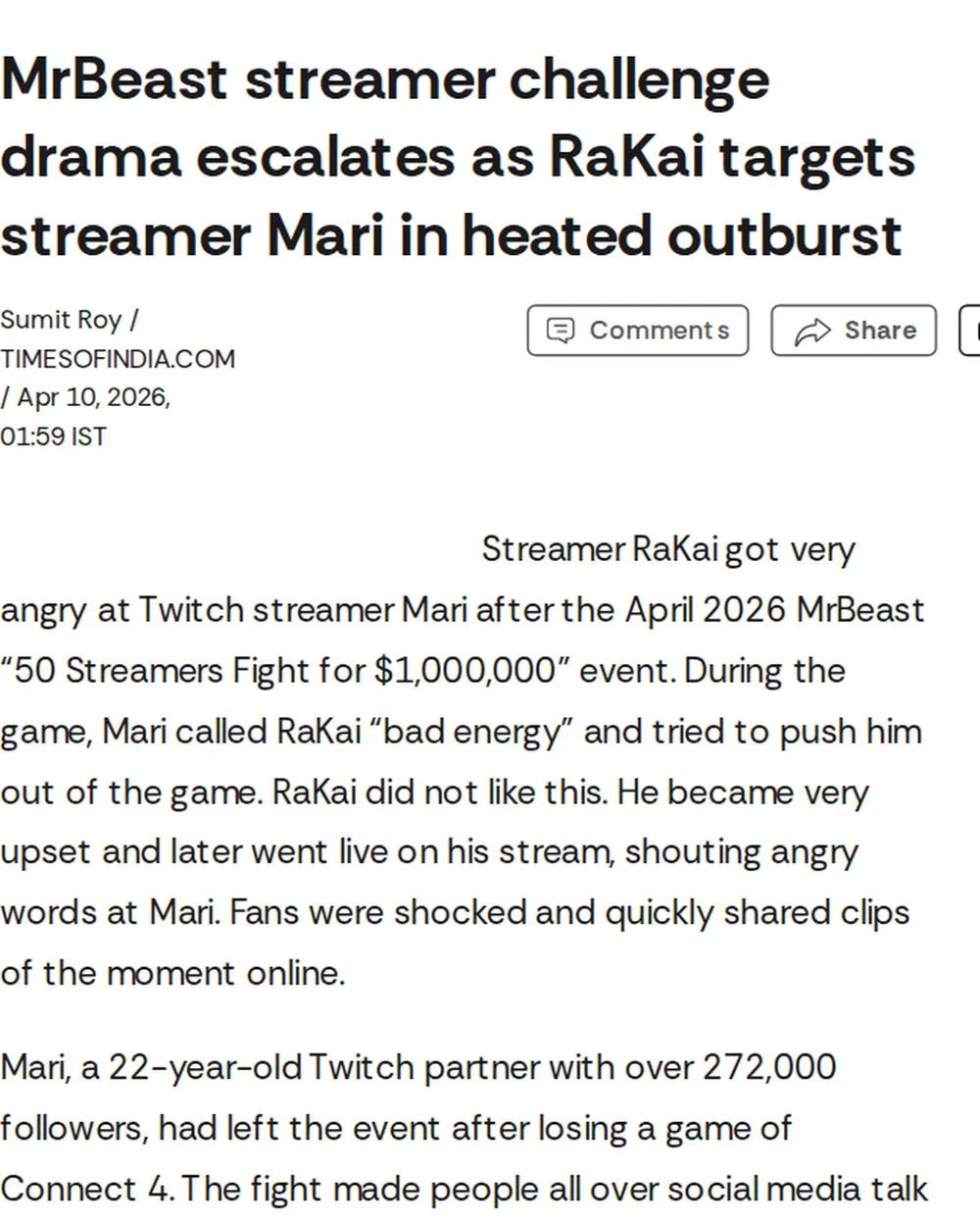 Screenshot of timesofindia.indiatimes.com: RaKai shouts insults at Mari during live stream