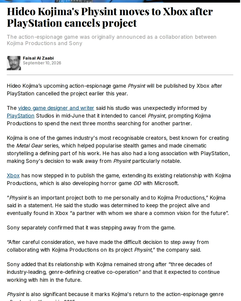 Screenshot of thenationalnews.com: Sony Confirms Decision to Step Away from 'Physint'