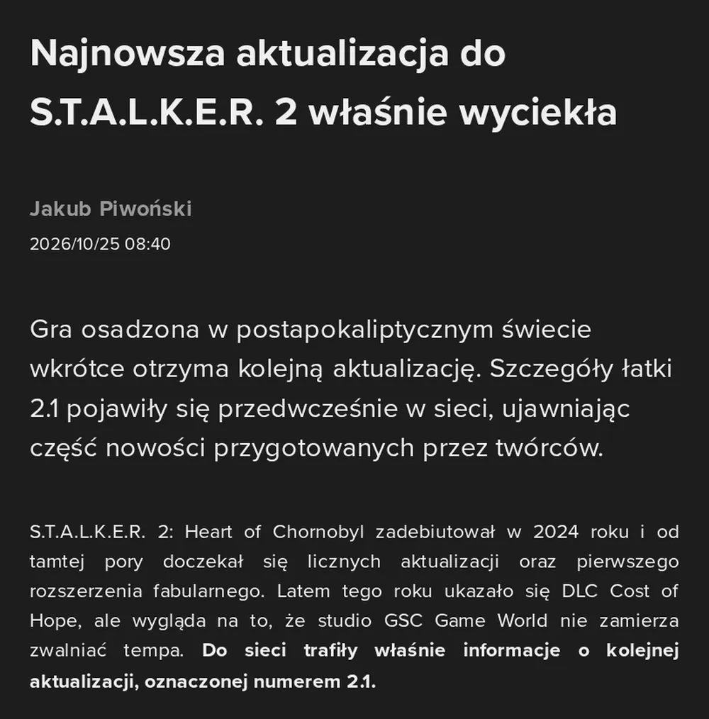 Screenshot of gram.pl: Gram.pl reported leak of S.T.A.L.K.E.R. 2 Update 2.1