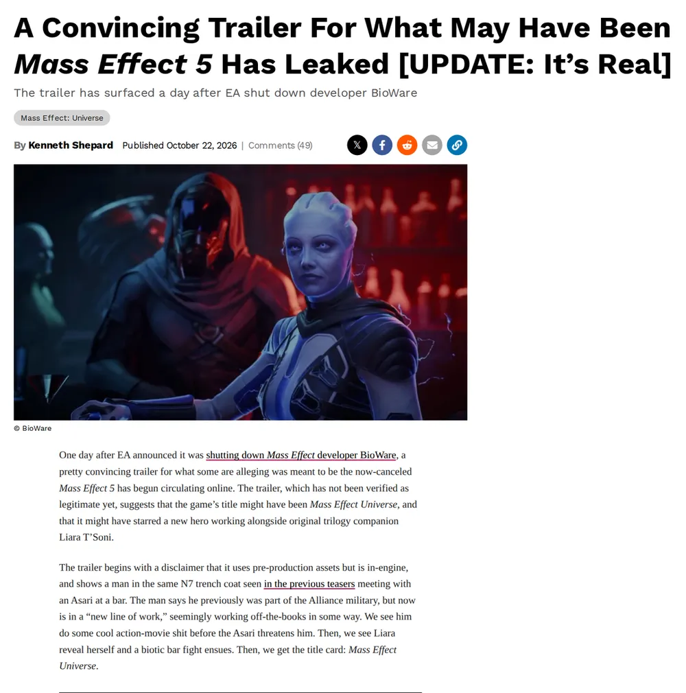 Screenshot of kotaku.com: Mass Effect 5 Trailer Leaks Online