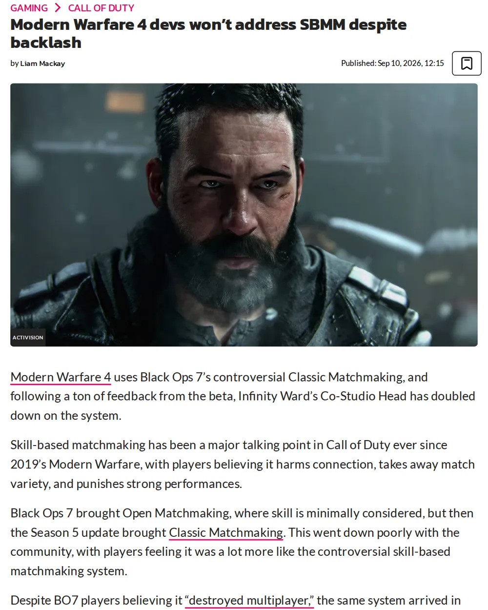 Screenshot of dexerto.com: Mark Grigsby Refuses Further SBMM Discussions