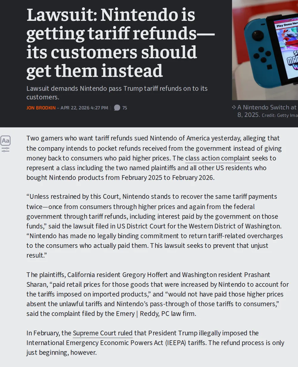 Screenshot of arstechnica.com: Nintendo Sued Over Tariff Refunds