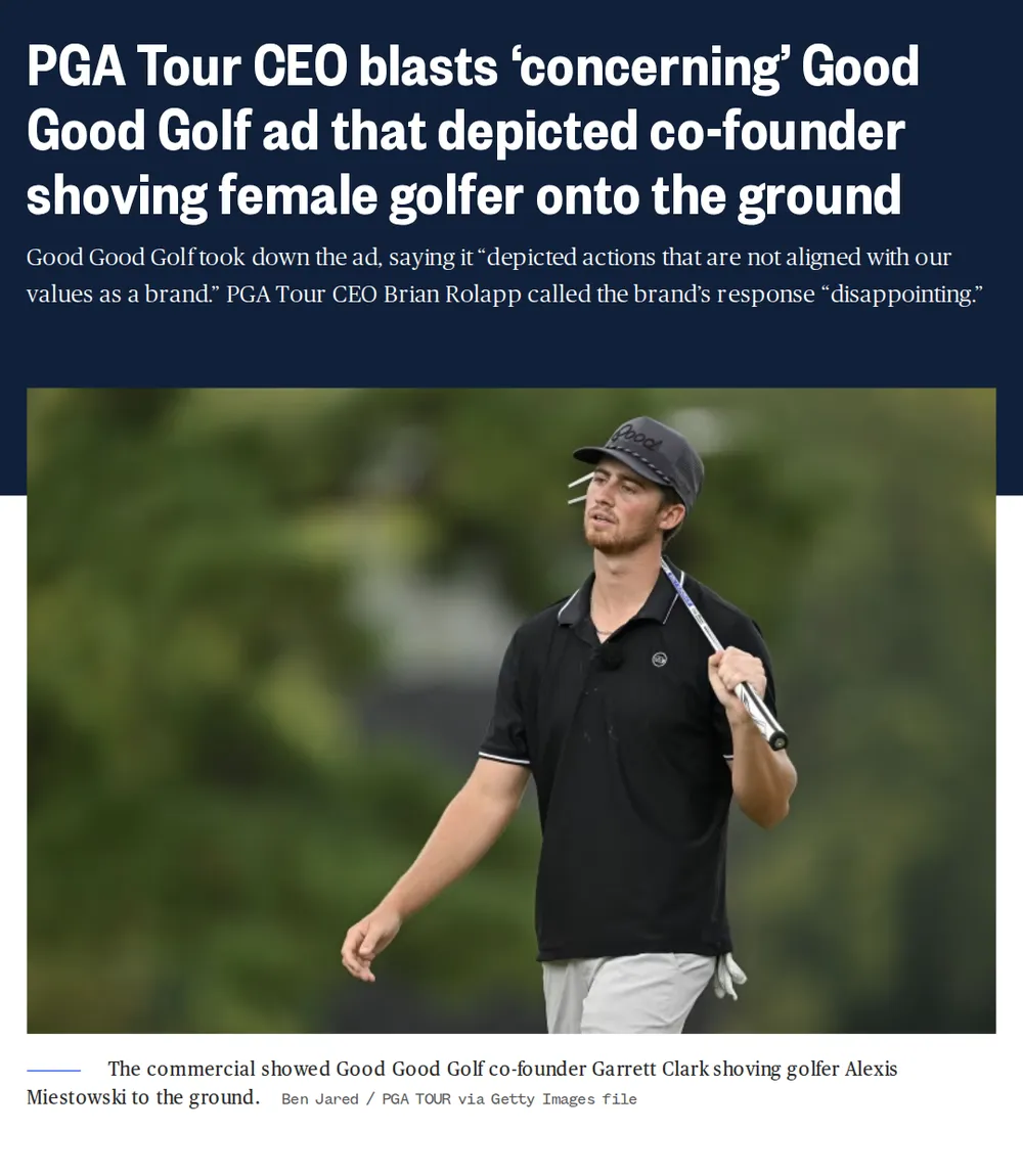 Screenshot of nbcnews.com: PGA Tour CEO Condemns Commercial