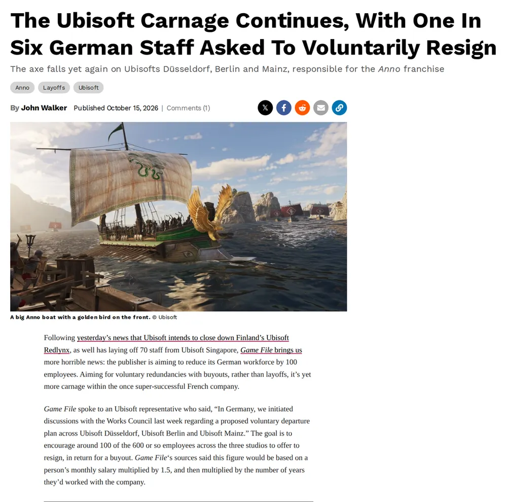 Screenshot of kotaku.com: Ubisoft initiates voluntary departure discussions in Germany