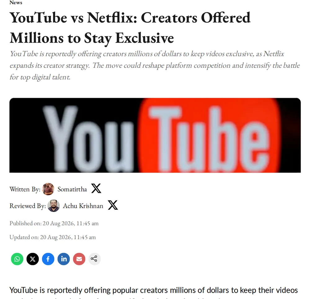 Screenshot of analyticsinsight.net: Netflix Signs Dozens of YouTubers