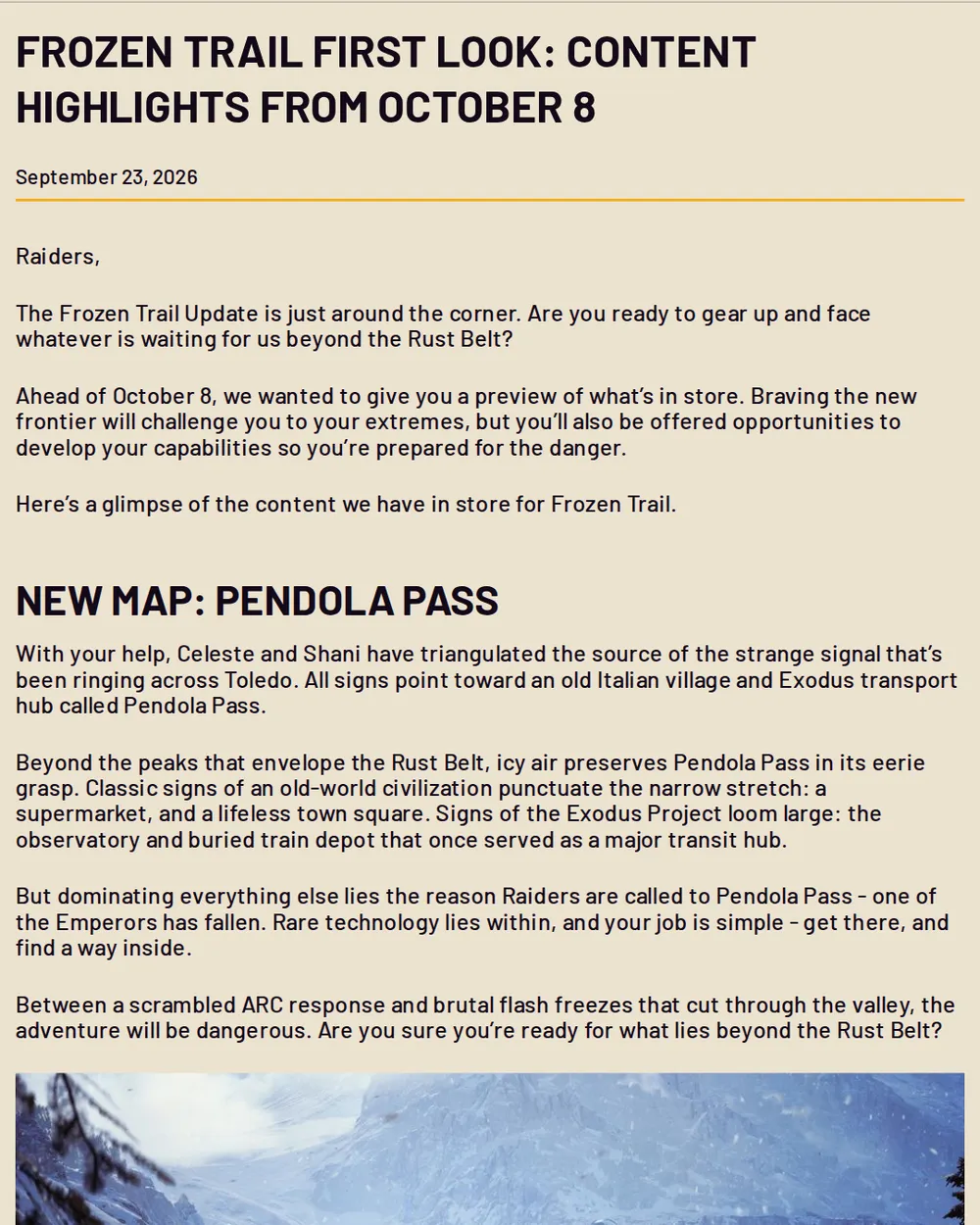 Screenshot of arcraiders.com: Embark Previews Frozen Trail Content and Pendola Pass