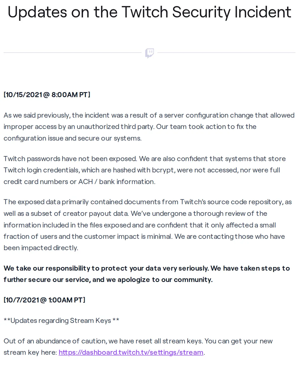 Screenshot of blog.twitch.tv: Twitch contacts impacted users
