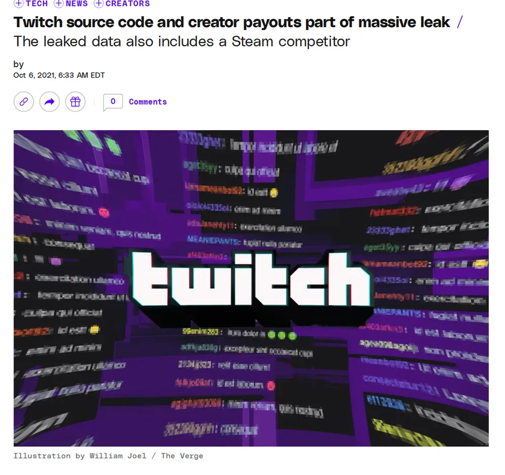 Screenshot of theverge.com: Twitch Confirms Data Breach