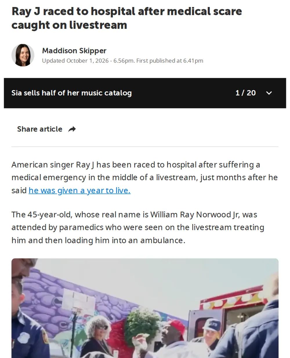 Screenshot of nine.com.au: Ray J announces heart failure diagnosis
