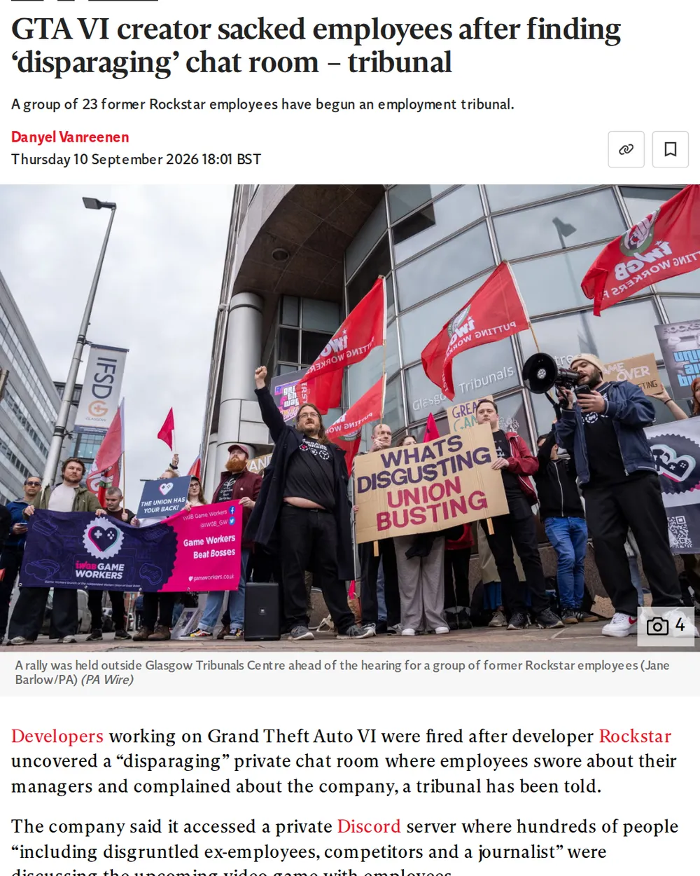 Screenshot of independent.co.uk: Employment Tribunal Against Rockstar Begins