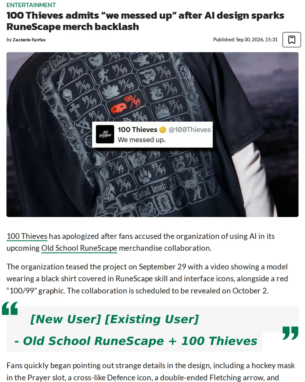 Screenshot of dexerto.com: 100 Thieves apologizes for AI-generated OSRS shirt design