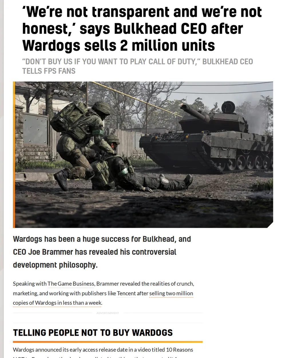 Screenshot of videogameschronicle.com: Wardogs Sells 2 Million Units in Less Than a Week
