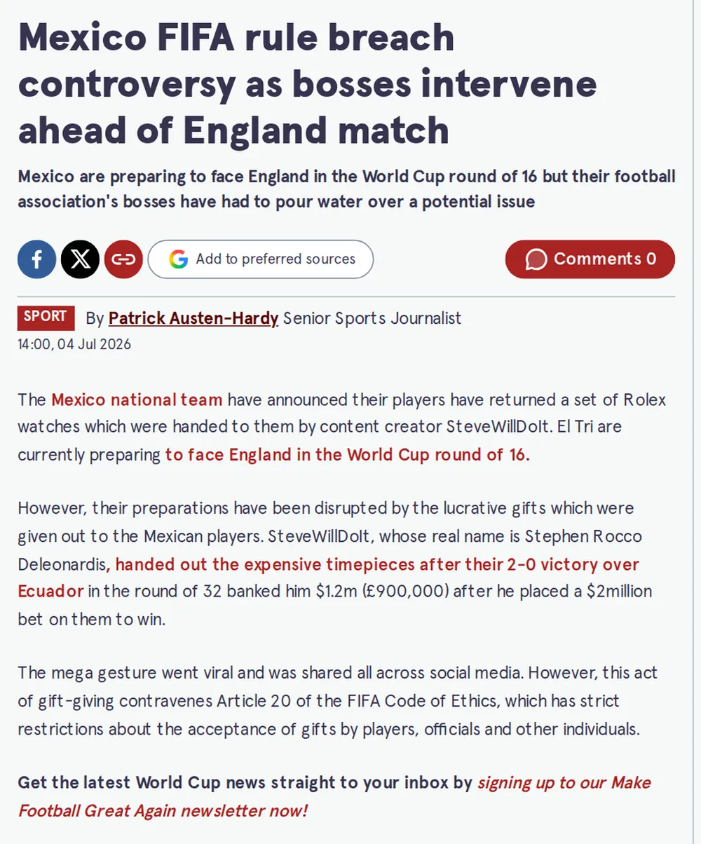 Screenshot of mirror.co.uk: World Cup Preparations Reportedly Disrupted by Gift Controversy