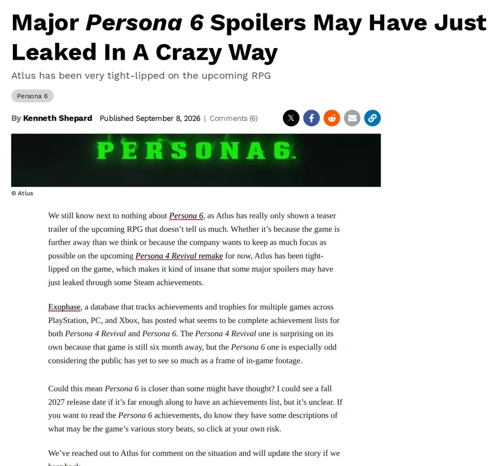Screenshot of kotaku.com: Persona 6 Achievements Leak via Exophase