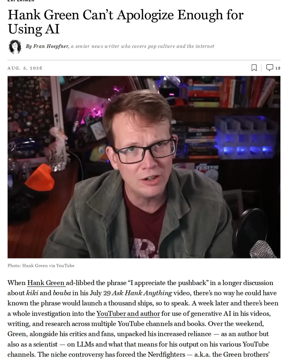Screenshot of vulture.com: Hank Green Ad-libs Phrase in Ask Hank Anything Video