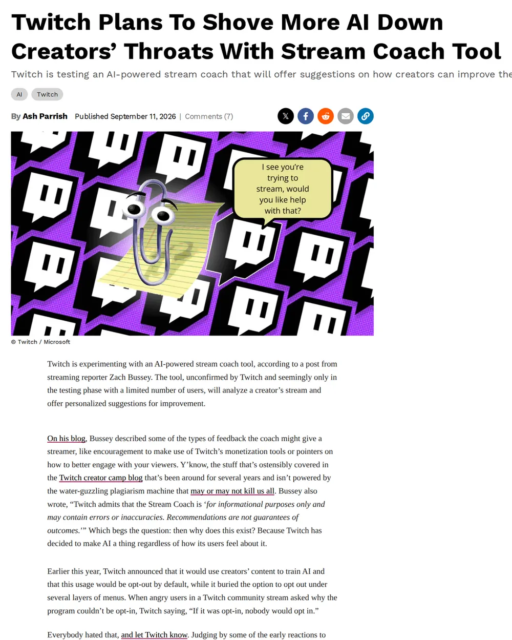 Screenshot of kotaku.com: AI Stream Coach Tool Reported