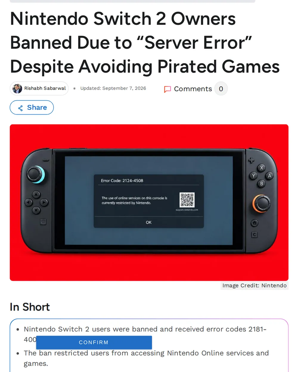 Screenshot of beebom.com: Switch 2 Users Report Sudden Bans and Error Code 2124-4508