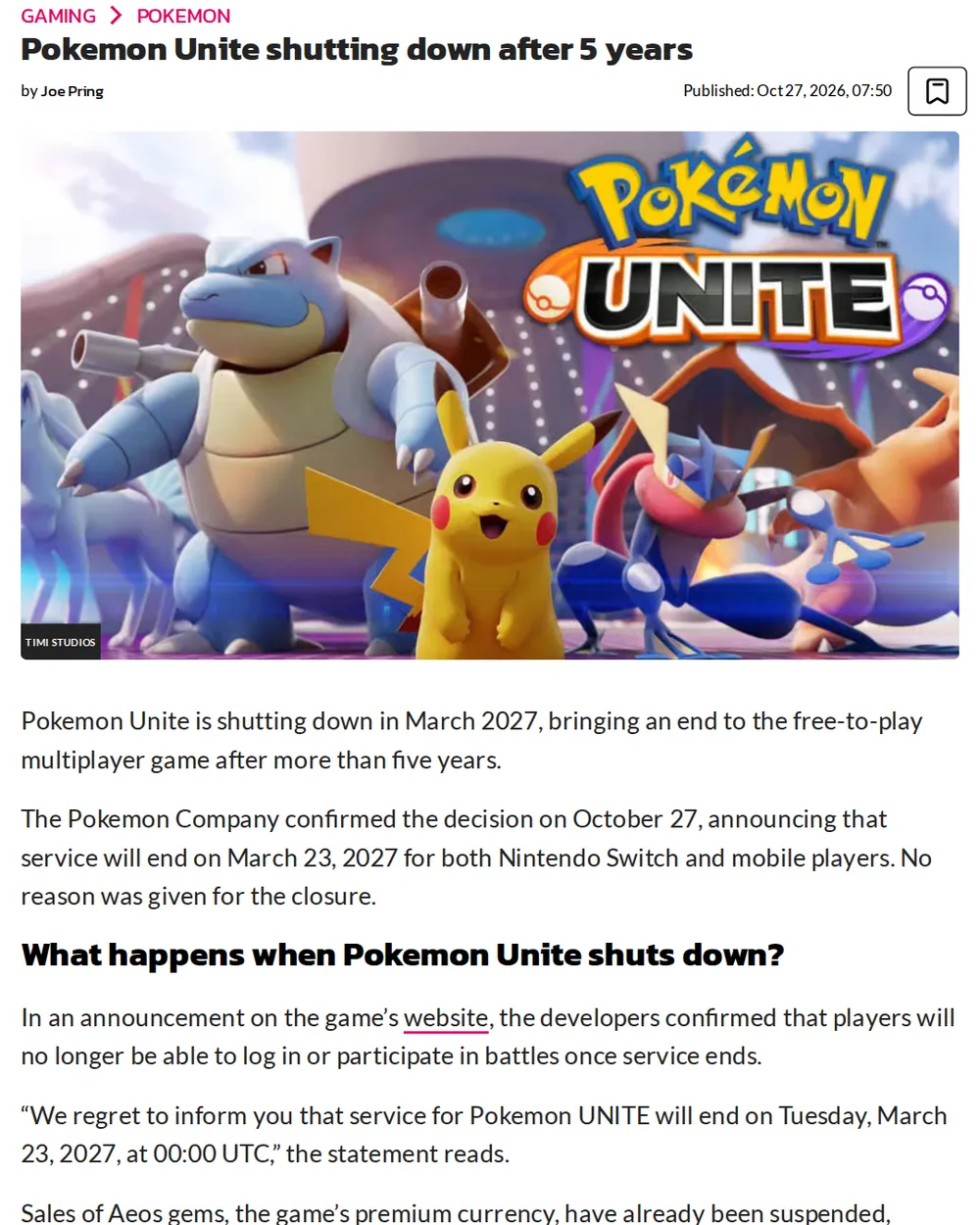 Screenshot of dexerto.com: The Pokémon Company confirmed Pokémon Unite shutdown