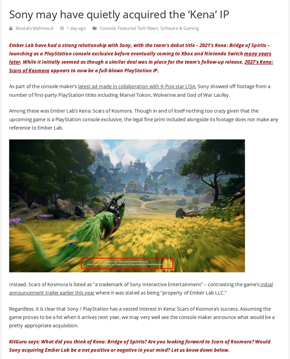 Screenshot of kitguru.net: KitGuru reported trademark change in Sony ad