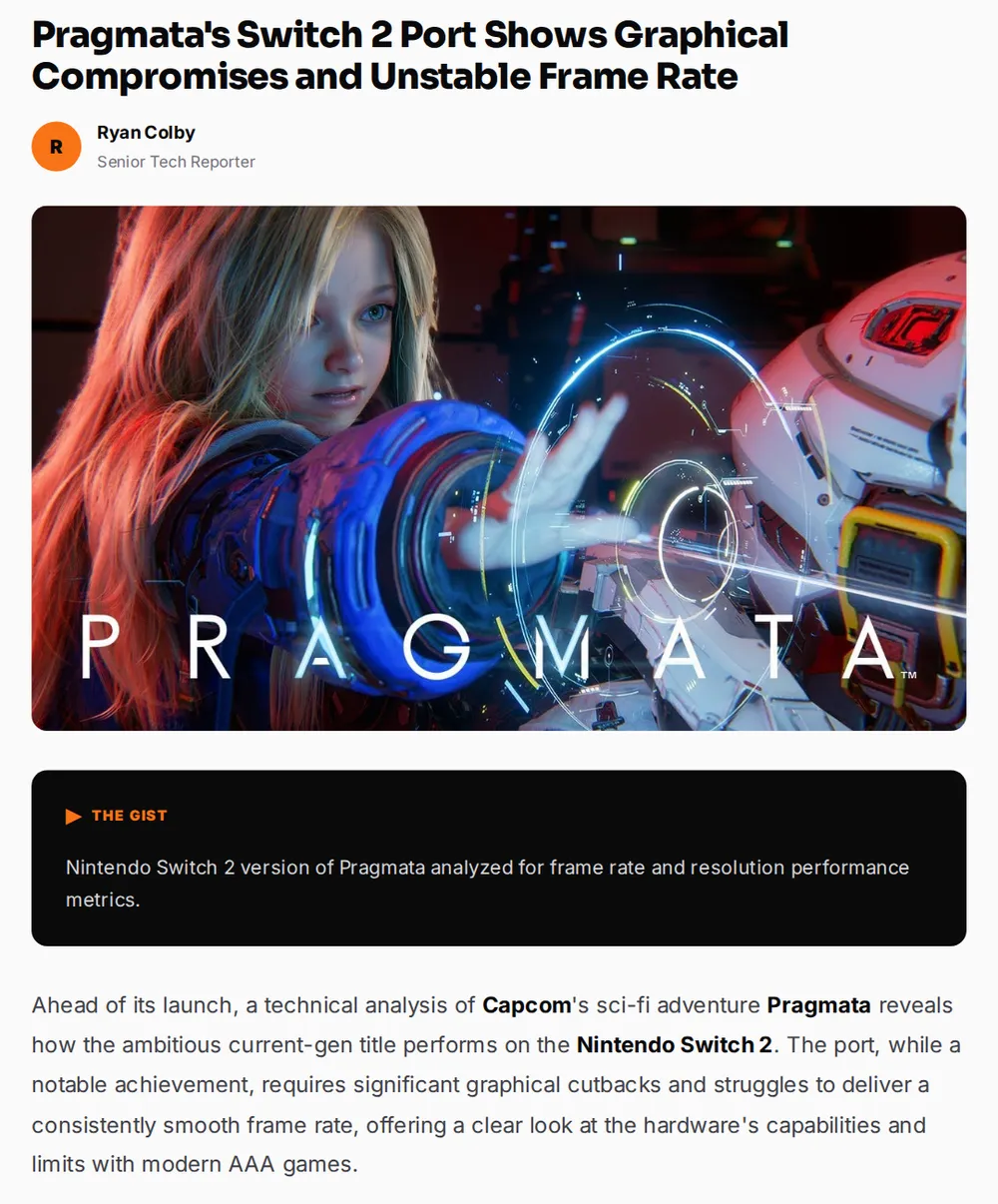 Screenshot of thebytereport.com: Pragmata Switch 2 Technical Analysis Reveals Compromises