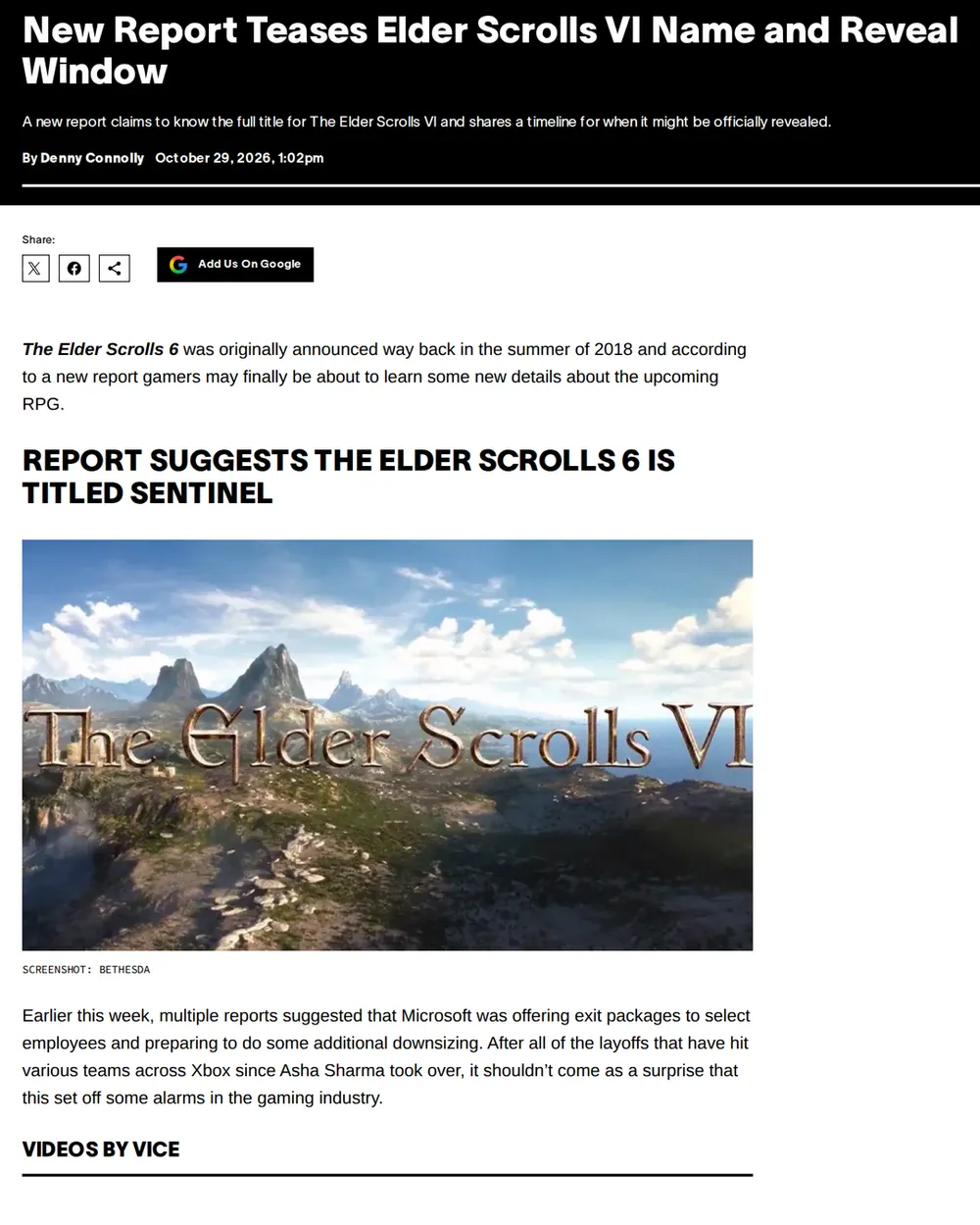 Screenshot of vice.com: Vice reported potential reveal of Elder Scrolls VI: Sentinel