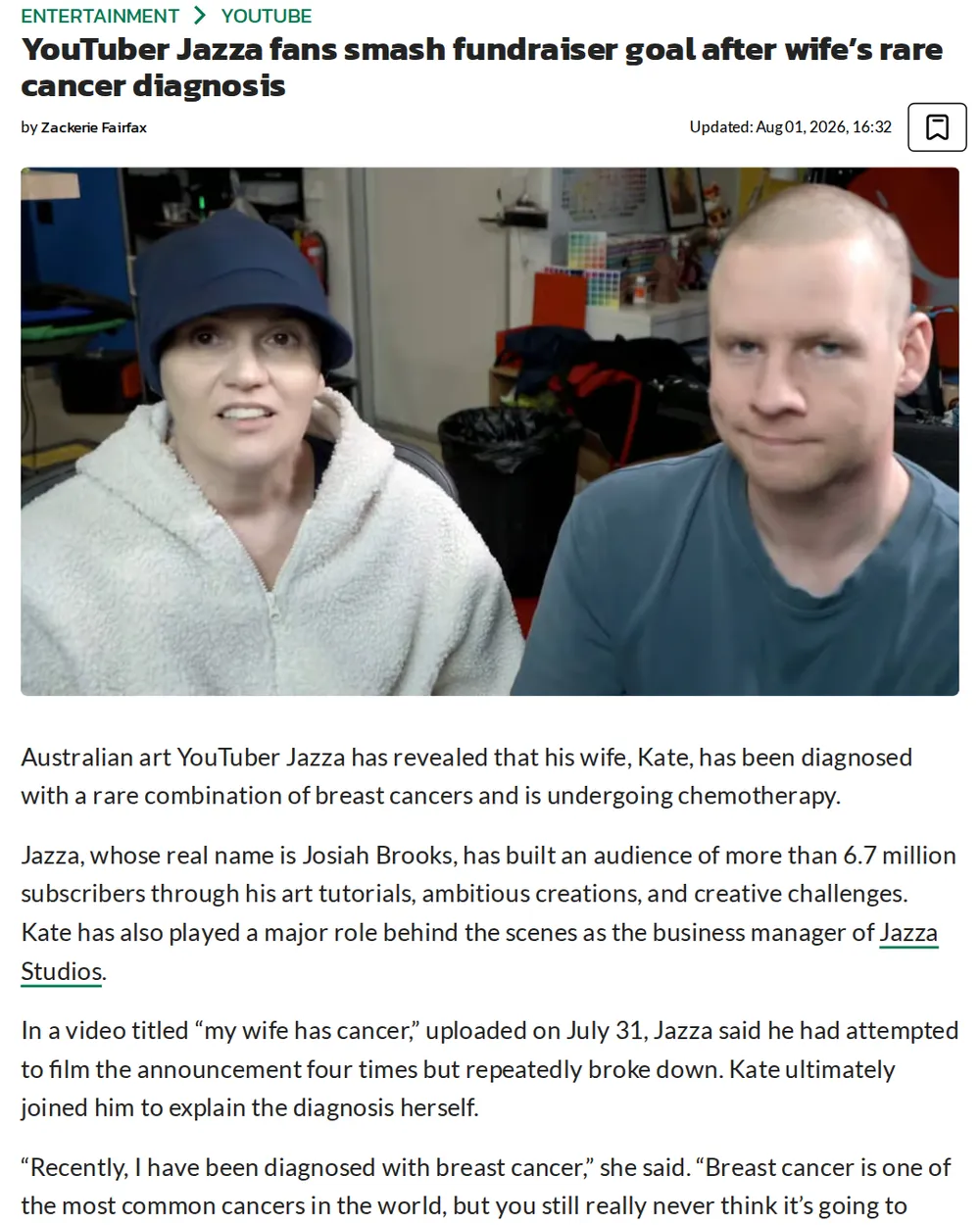 Screenshot of dexerto.com: Kate Brooks Details Rare Cancer Diagnosis