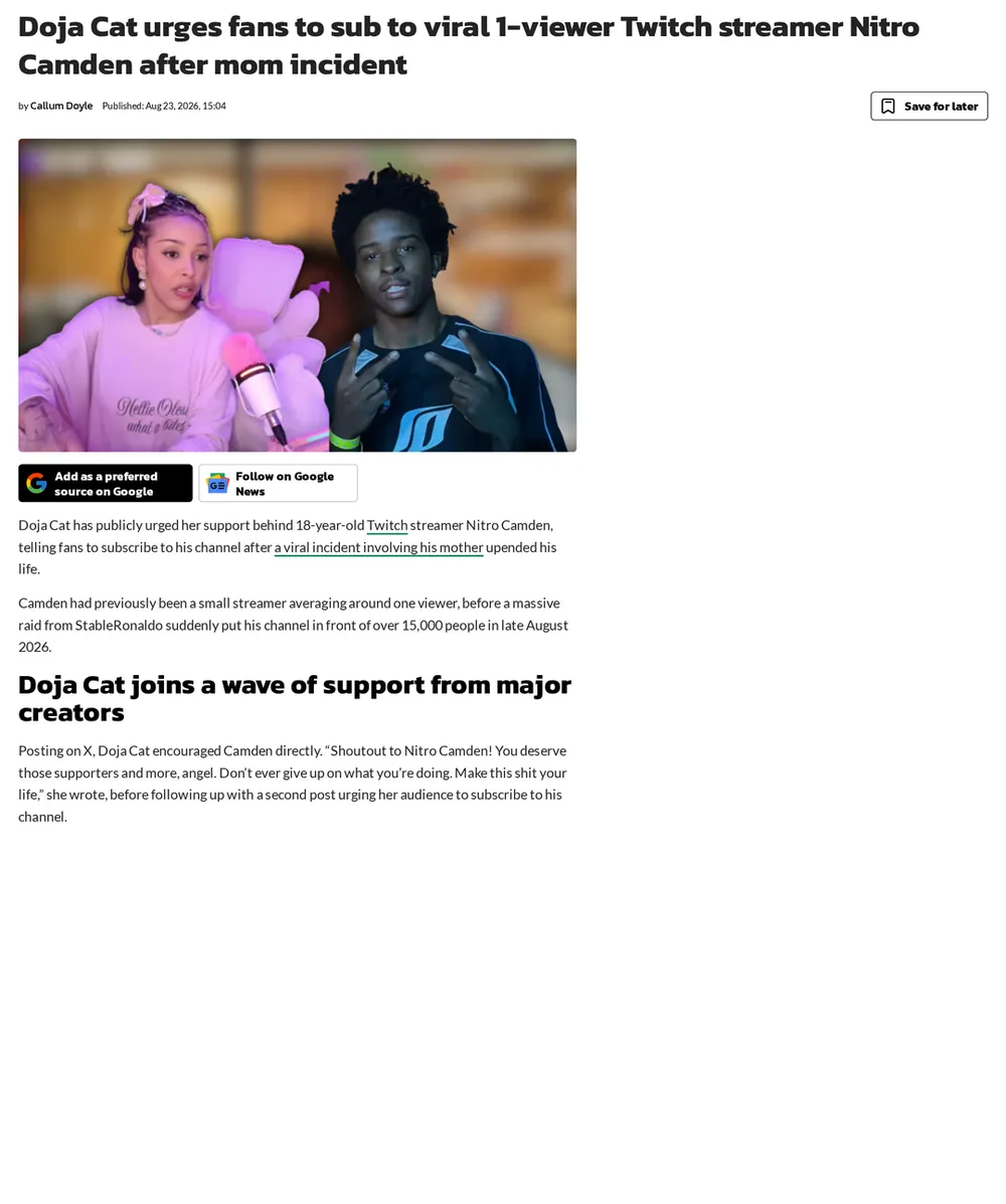 Screenshot of dexerto.com: Doja Cat Publicly Endorses Camden
