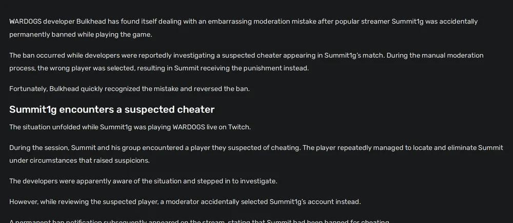 Screenshot of gaminghq.eu: Wardogs developers reportedly investigate a suspected cheater