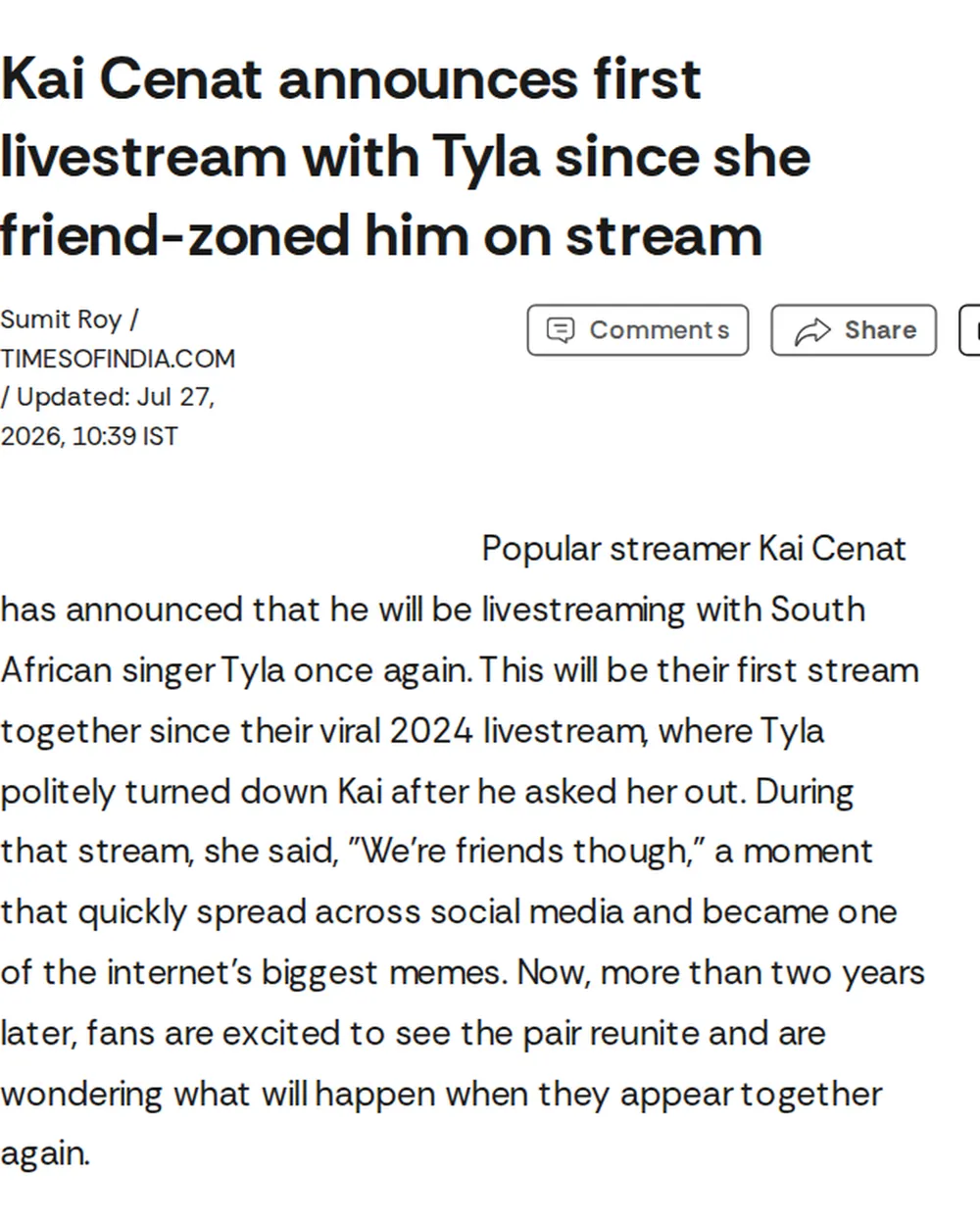 Screenshot of timesofindia.indiatimes.com: Kai Cenat Announces Reunion Livestream with Tyla