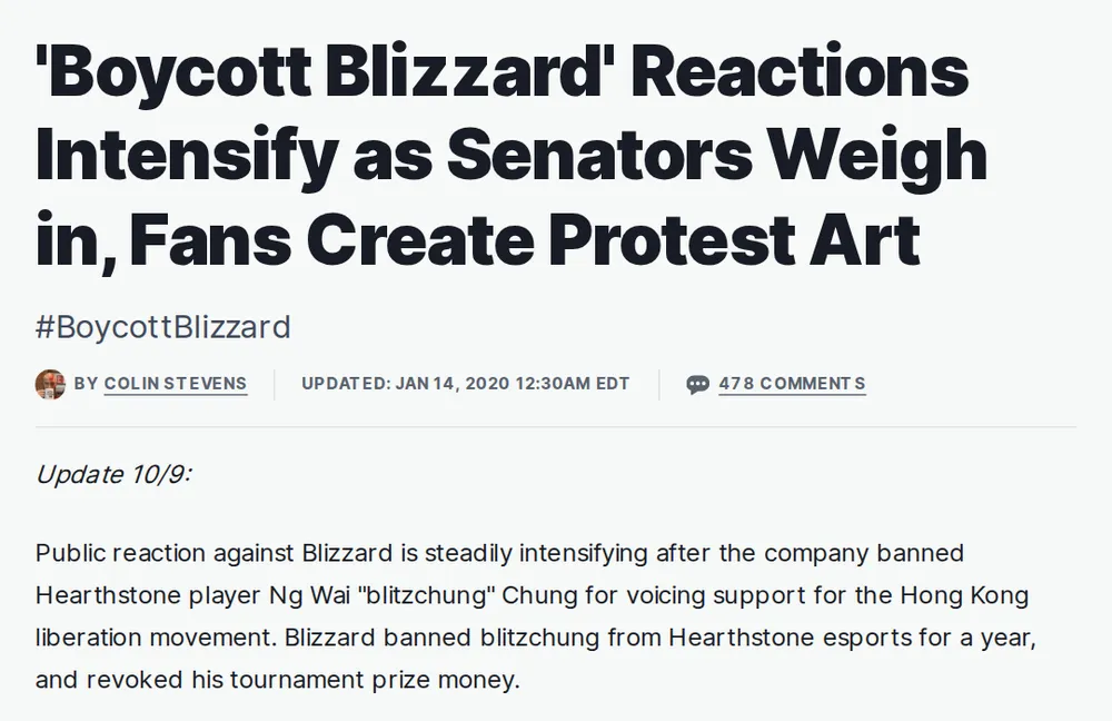Screenshot of in.ign.com: Fans Pledge to Boycott Blizzard Over Blitzchung's Ban